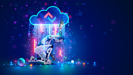 AI robot working with data in digital cloud storage. Robot holds cloud of data. Technology network communication, data processing by artificial intelligence. Cloud computing with AI technology