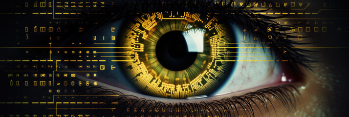 Close up of human eye with futuristic technology.
Digital futuristic eye technology