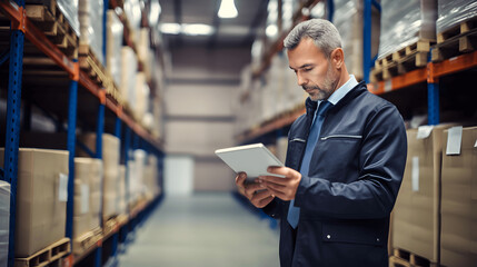 Male factory manager using digital tablet in warehouse checking goods and supplies on shelves