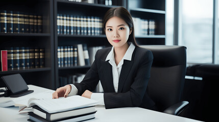 Portrait of Professional Asian female lawyer sit at her office desk
