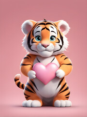 fat tiger holding a heart on pink background