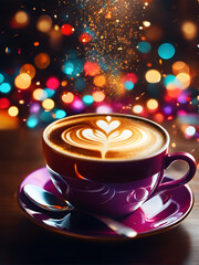 purple cup of coffee on a magical background with color bokeh