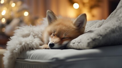 Cute little fox sleeping on sofa in room with Christmas tree and lights