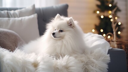 Fototapeta premium Cute Pomeranian dog on sofa in room decorated for Christmas
