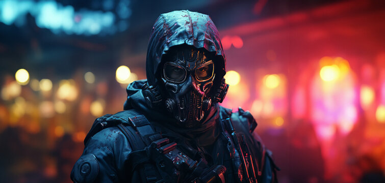 Masked Soldier with Guns During a Zombie Apocalypse, Generative AI