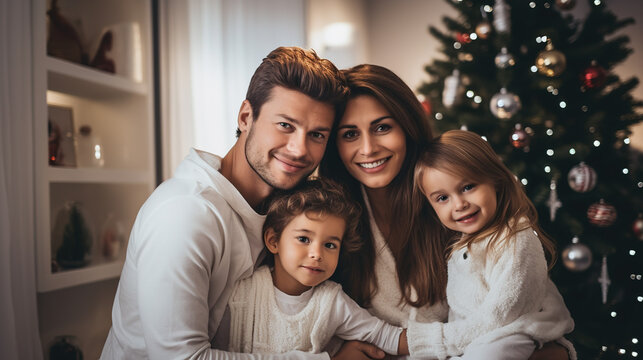 Holiday Happiness: Smiling Mom, Dad, and Children Celebrating Christmas. Ai Generative.