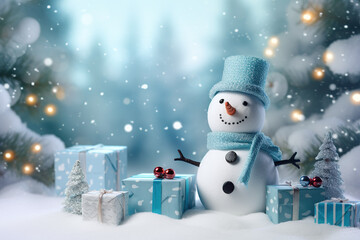 Fototapeta premium Snowman and Christmas gifts, decorations on the snow background. 