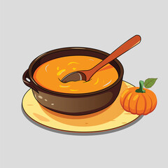 Pumpkin soup in a black soup bowl Thanksgiving dinner item in a saucepan.Bowl of soup with pumpkin vector. 