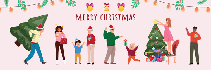 Long banner with people celebrating Christmas