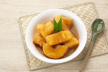 Singkong Gula Merah, made from cassava, palm sugar, pandan leaf. Indonesian traditional food

