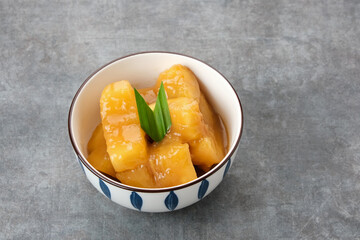 Singkong Gula Merah, made from cassava, palm sugar, pandan leaf. Indonesian traditional food
