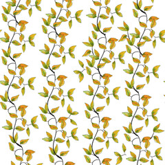 Watercolor pattern with autumn leaves and branches. Autumn natural design.