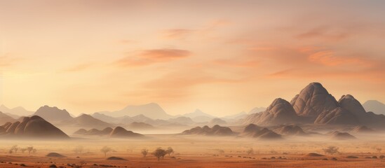 Sunrise in a hazy stone desert Spitzkoppe hills in Namibia African wildlife extreme wilderness adventures - obrazy, fototapety, plakaty