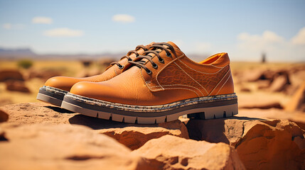 A pair of men's shoes on the mountain background - obrazy, fototapety, plakaty