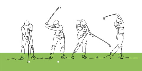 Golfer making swing motion on golf course. Vector illustration. One continuous line art drawing of golfer
