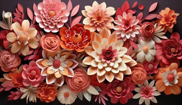  paper flowers made with a pencil and a ruler, in the style of light orange and dark red, colorful animations, vibrant murals, mughal art, pink and maroon