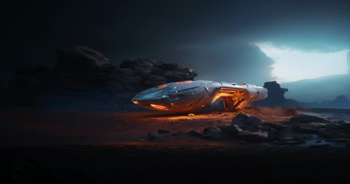 Wide shot of a fantastic Sci-fi landscape with spaceship on desert planet. Anamorphic 4k footage