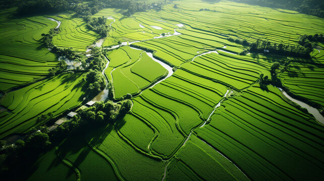Aerial view of green fields and Rural scenery, farmland in rural, Sunny morning, spring summer season.