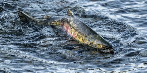 Close-up shot of a chum salmon swimming in clear waters