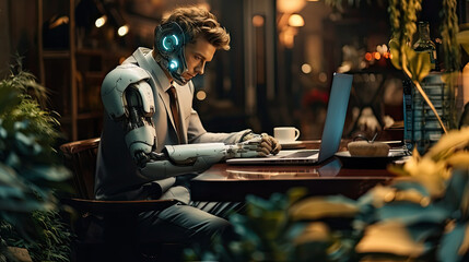 Handsome cyborg man working on a laptop while sitting in a cafe. People supervising an AI. - obrazy, fototapety, plakaty