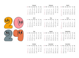 Calendar 2024, week start Sunday. Corporate planner template in retro style. Horizontal design. Vector illustration.