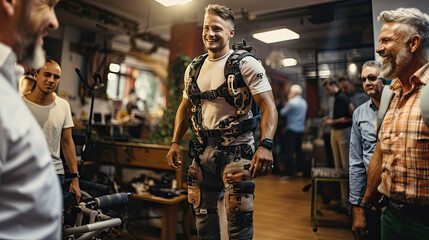 Man wearing advanced robotic exoskeleton with staff workers in office.