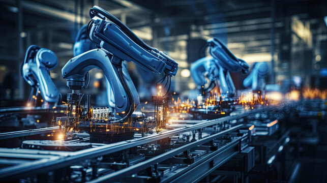 Industrial robotic arm in production line. Automated manufacturing facility.
