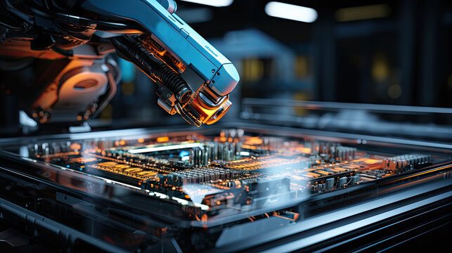 Robot hand working on microcircuit board close up. Automation manufacturing robot controlled by industry engineering using IOT software.