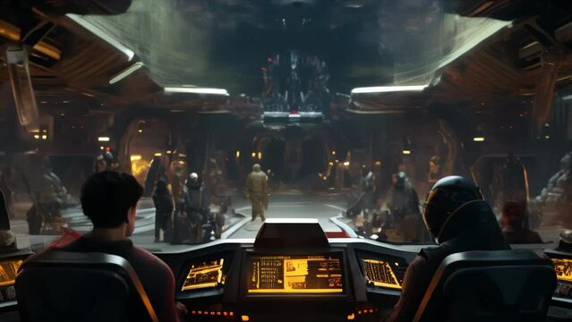 View from sci-fi spaceship cockpit docked in space station. Anamorphic 4k footage