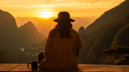 Frau mit Kaffee beim Sonnenaufgang in den Bergen - obrazy, fototapety, plakaty