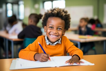 african american schoolboy writing in notebook in classroom at school