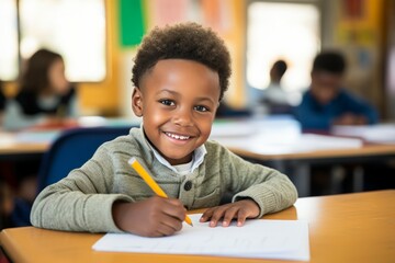 african american schoolboy writing in notebook in classroom at school
