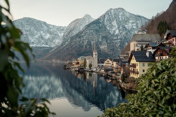 Famous Hallstatt mountain village with Hallstaetter Lake in the Austrian Alps