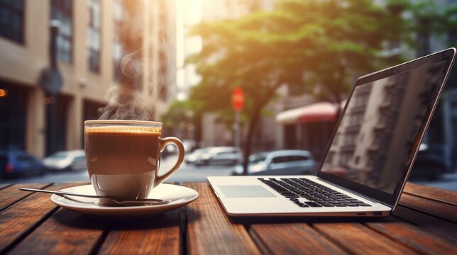Un ordenador port&aacute;til y una taza de caf&eacute; en un edificio de oficinas