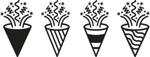 Confetti Popper icon vector | Exploding party popper vector. Confetti icon with tiny pieces | Confetti icon with falling tiny pieces solid pictogram. Confetti Popper | Confetti | Popper 