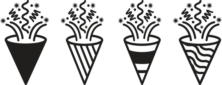Confetti Popper icon vector | Exploding party popper vector. Confetti icon with tiny pieces | Confetti icon with falling tiny pieces solid pictogram. Confetti Popper | Confetti | Popper 
