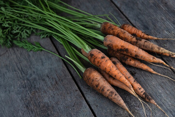 bunch of carrots on wooden background