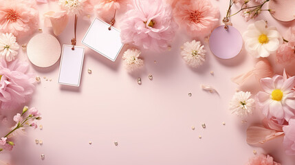 Jewelry tags with a frame of flowers on a pink background. Empty space for product placement or advertising text.