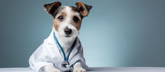 Veterinarian administers injection to dog s withers on white background - obrazy, fototapety, plakaty