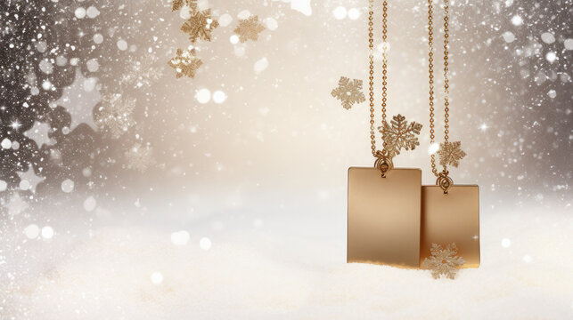 Gold jewelry tags on falling snow background. Empty space in the center for product placement or advertising text.