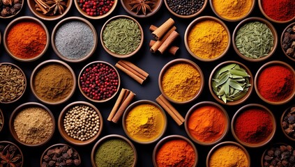 a close-up of a variety of spices in bowls on a table - obrazy, fototapety, plakaty