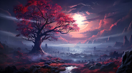 Wide format banner artistic illustration of a dramatic night lunar landscape