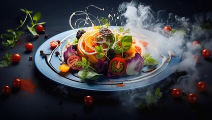 Obraz na płótnie Canvas a plate of food with vegetables and smoke coming out of it