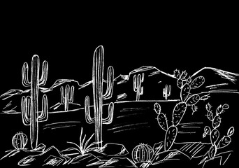 A landscape depicting a desert with cacti