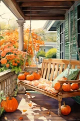 Foto op Canvas Veranda mit Kürbissen - gezeichnet mit Wasserfarben © This is Art
