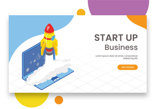 Start Up Business Concept Based Landing Page Design With Isometric Rocket Launching From Laptop.