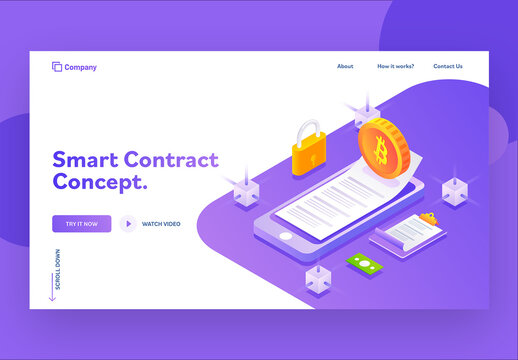 Smart Contract Concept Based Landing Page With Online E-Contract From Isometric Smartphone And Currency.