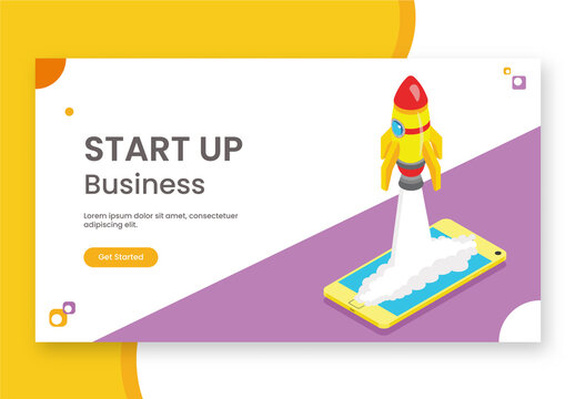Start Up Business Concept Based Landing Page Design With Isometric Rocket Launching From Smartphone.