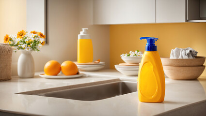 Fototapeta na wymiar Dishwashing liquid in a bottle, flower, on a kitchen background