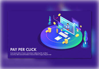 Pay Per Click Based Landing Page Design With Man Watching Video In Desktop And Golden Coins.